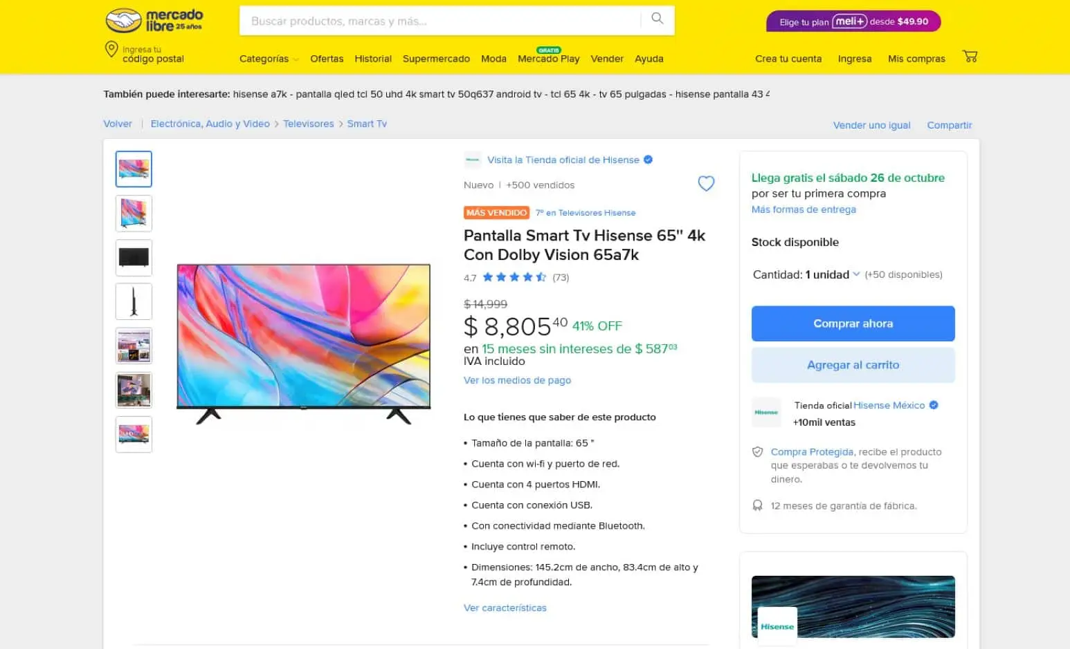 Pantalla Hisense 65 pulgas en rebaja en Mercado Libre