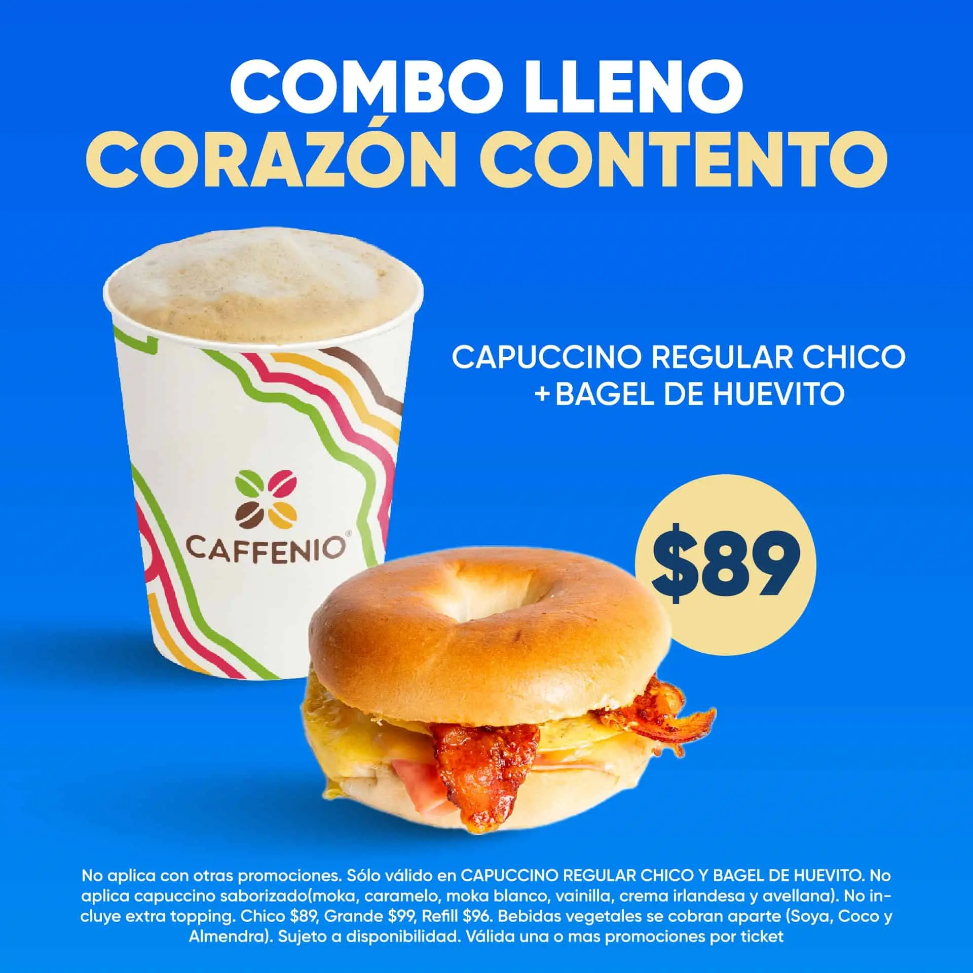 Combo de bagel y capuccino en 89 pesos, aplica por tiempo limitado en Caffenio