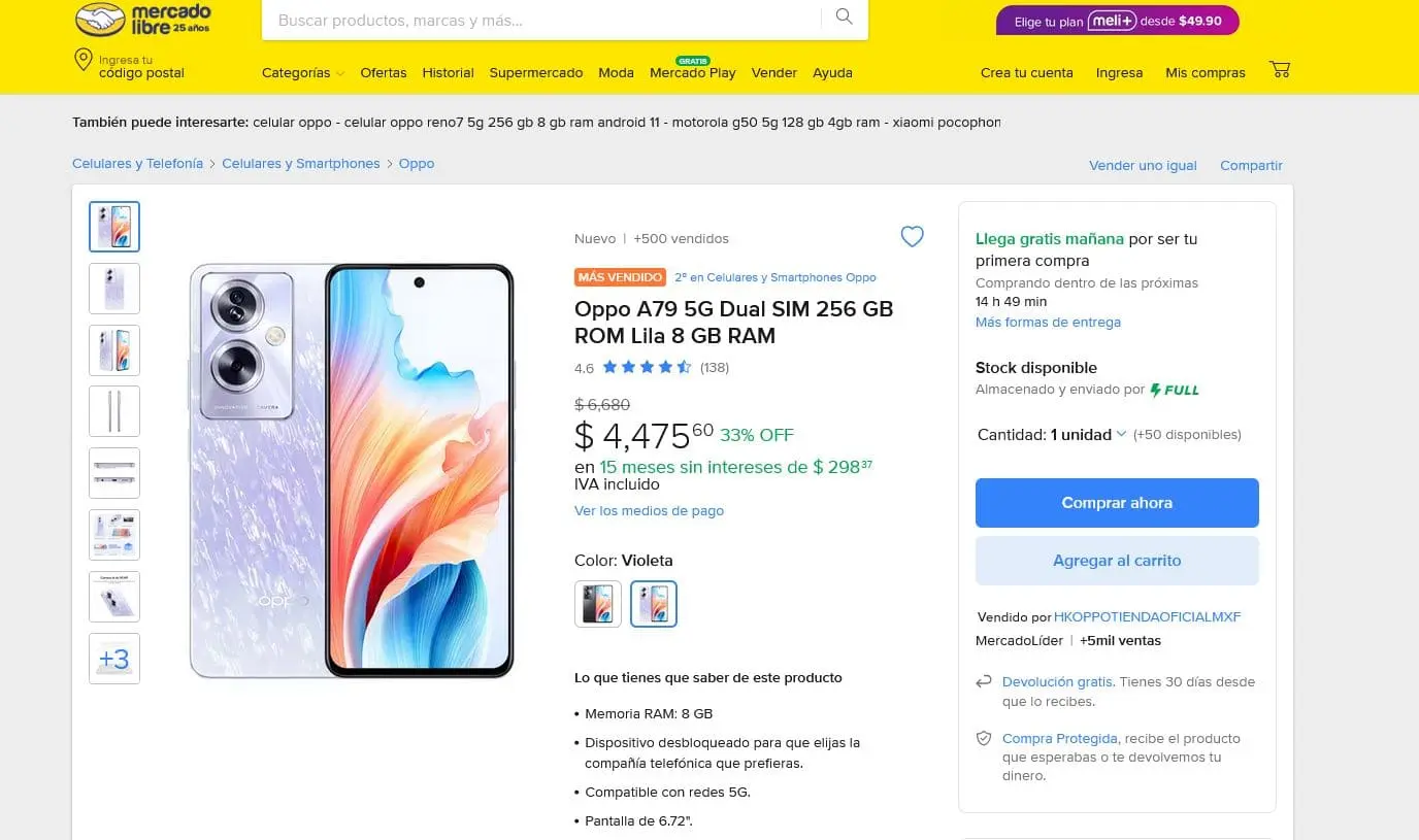 El celular Oppo A79 en oferta en Mercado Libre-