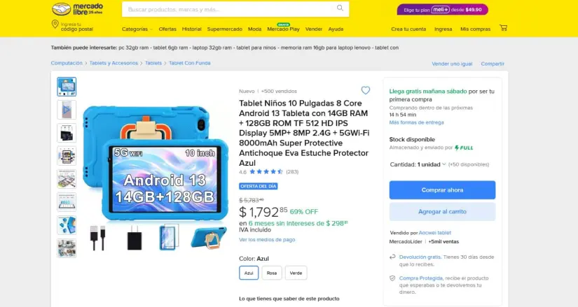 La tablet Aocwei X500, que es para niños, se encuentra en liquidación en Mercado Libre. Foto: Captura de pantalla