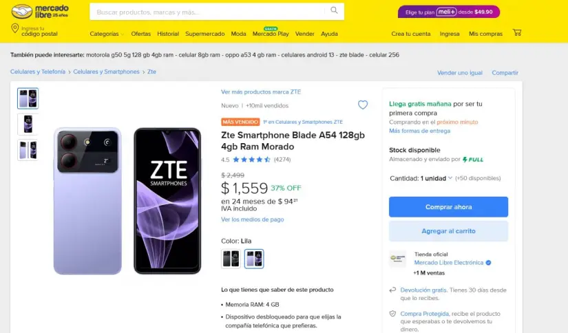 El ZTE Blade A54 se encuentra con descuento en Mercado Libre