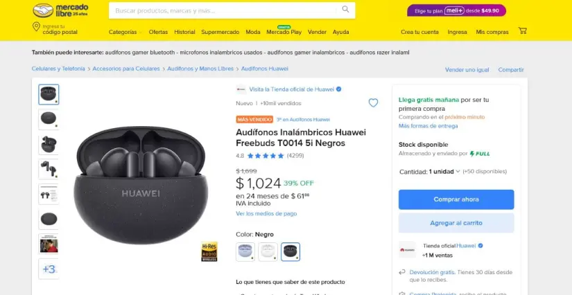 Huawei Freebuds 5i con precio de oferta en Mercado Libre. Foto: Captura de pantalla