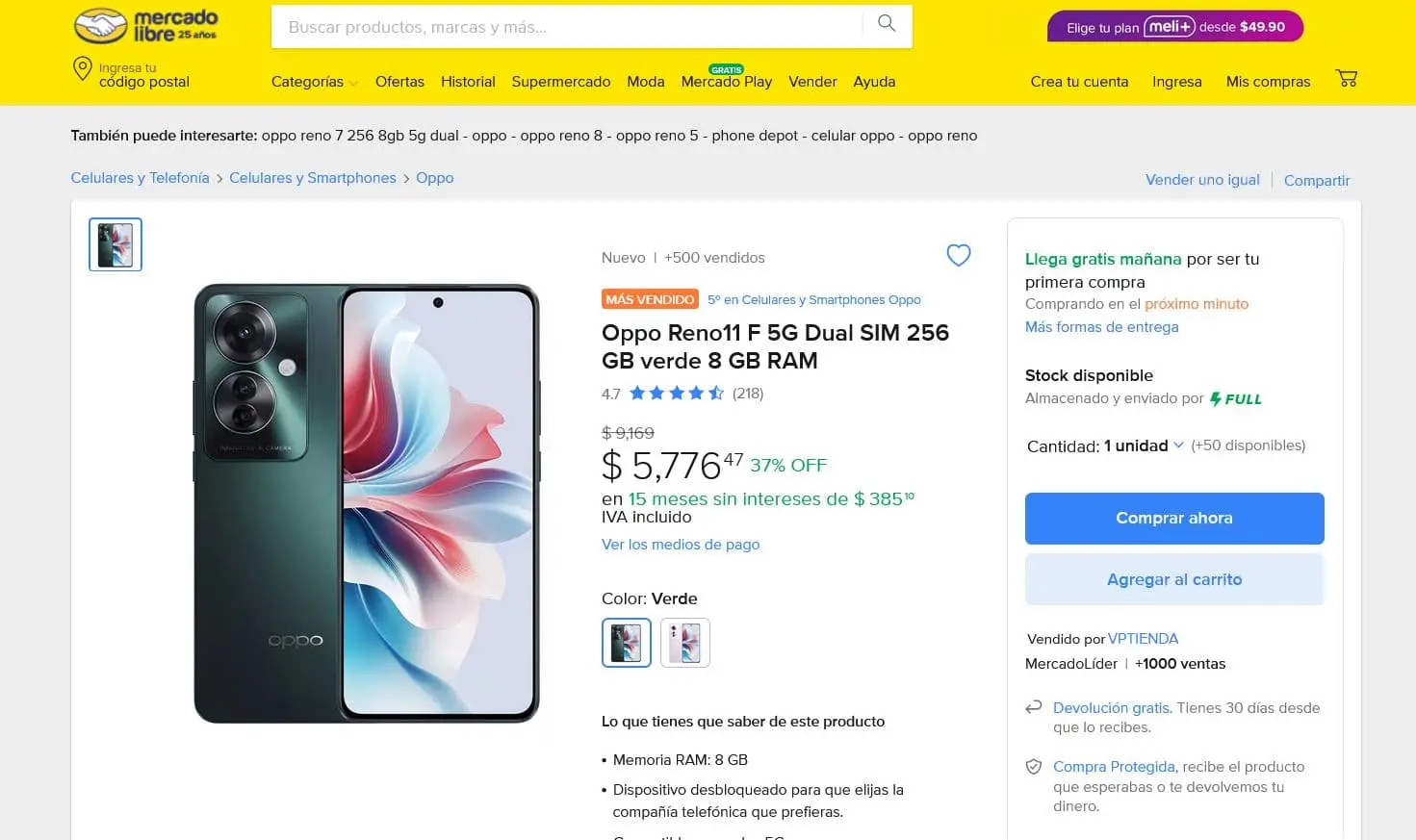 El celular Oppo Reno11 F en rebaja en Mercado Libre