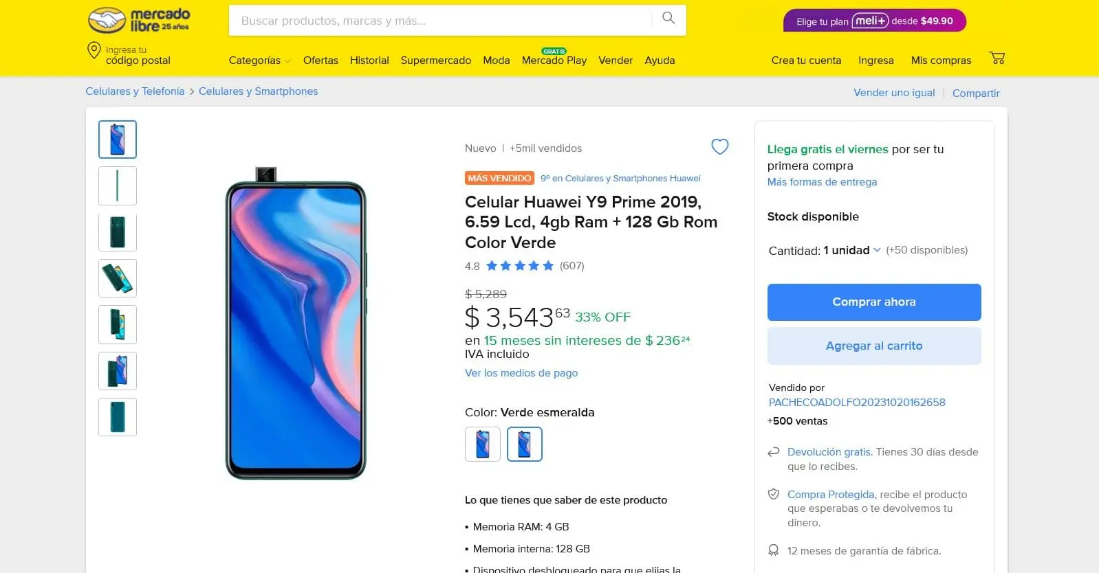 Huawei Y9 Prime en oferta en Mercado Libre