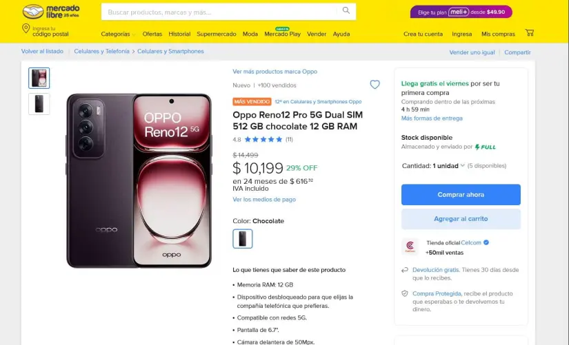 En oferta el Cuánto el Oppo Reno12 Pro en Mercado Libre.