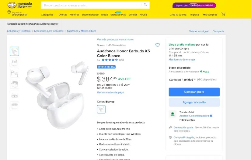 Auriculares Honor Earbuds X5 en oferta en la plataforma de Mercado Libre. Foto: Captura de pantalla