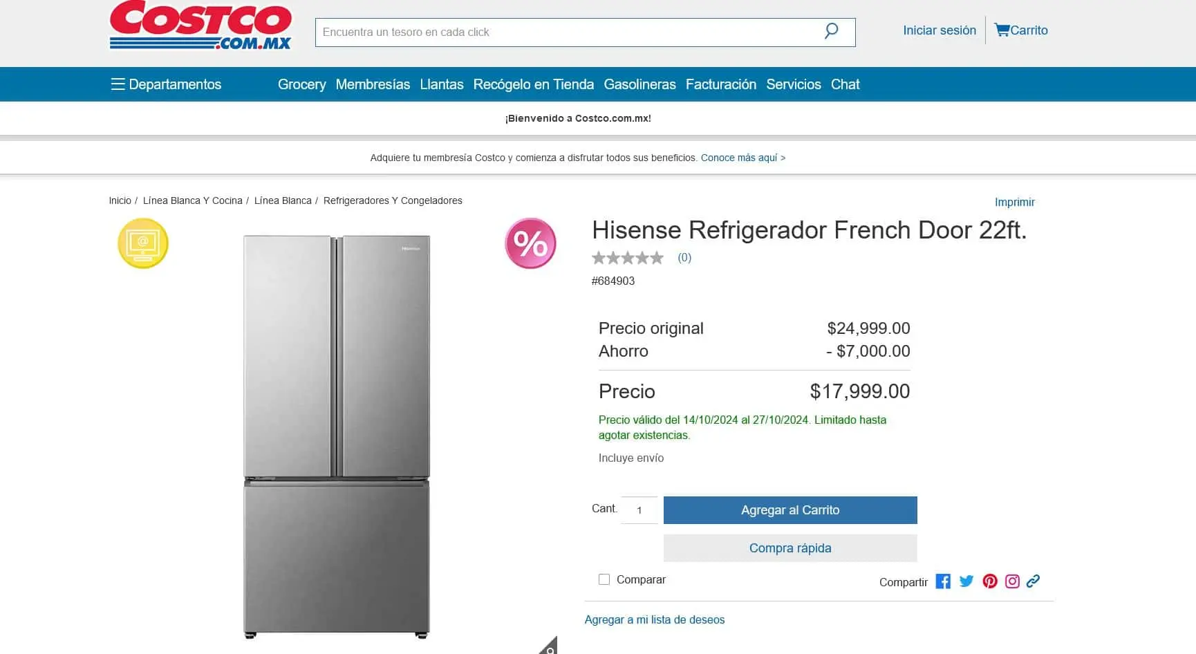 Refrigerador Hisense en  oferta en Costco