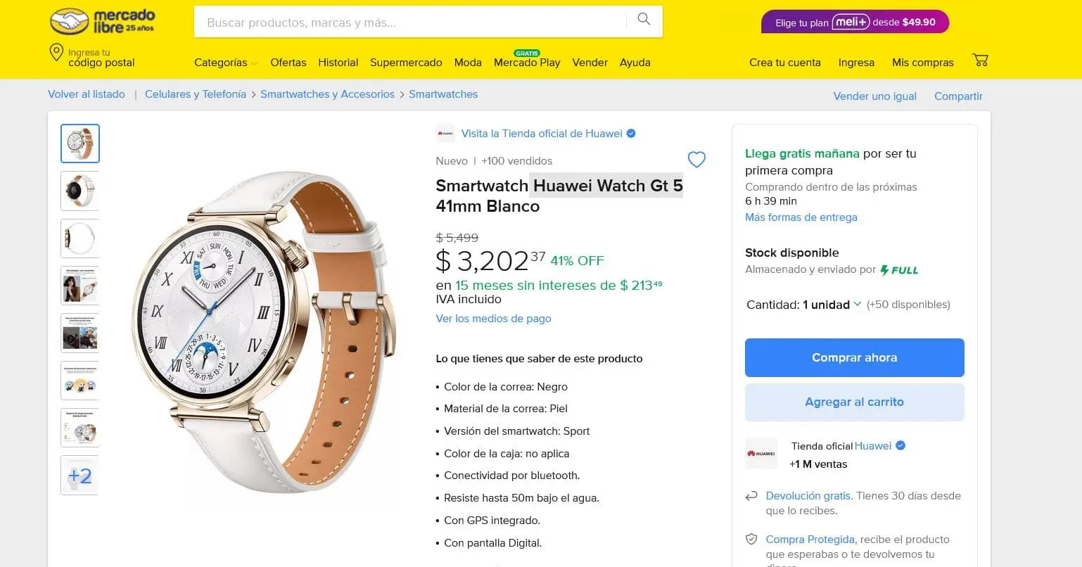 Precio de oferta del Huawei Watch GT 5 en Mercado Libre 