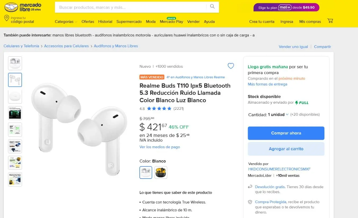 En rebaja en Mercado Libre los los auriculares Realme Buds T110 