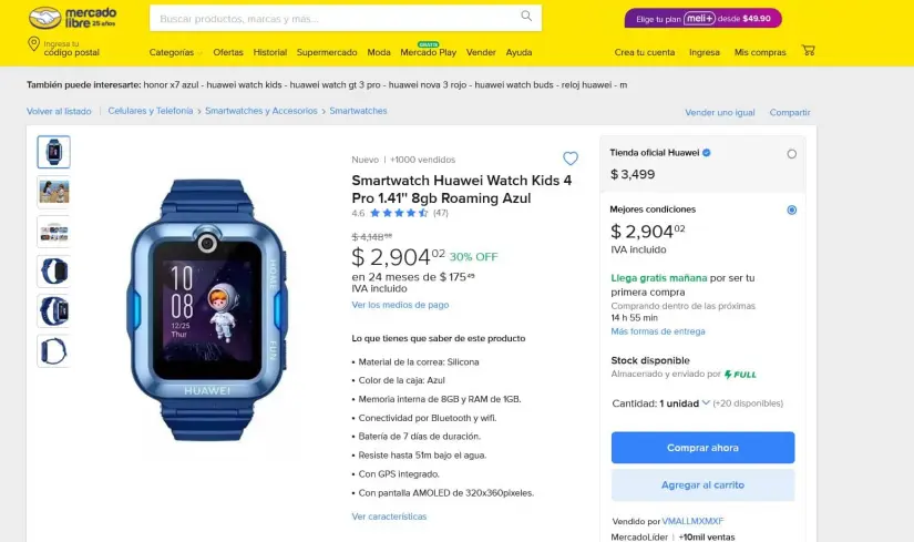 El smartwatch Huawei Asian-AL19 que es para niños, está en oferta. Foto: Captura de pantalla