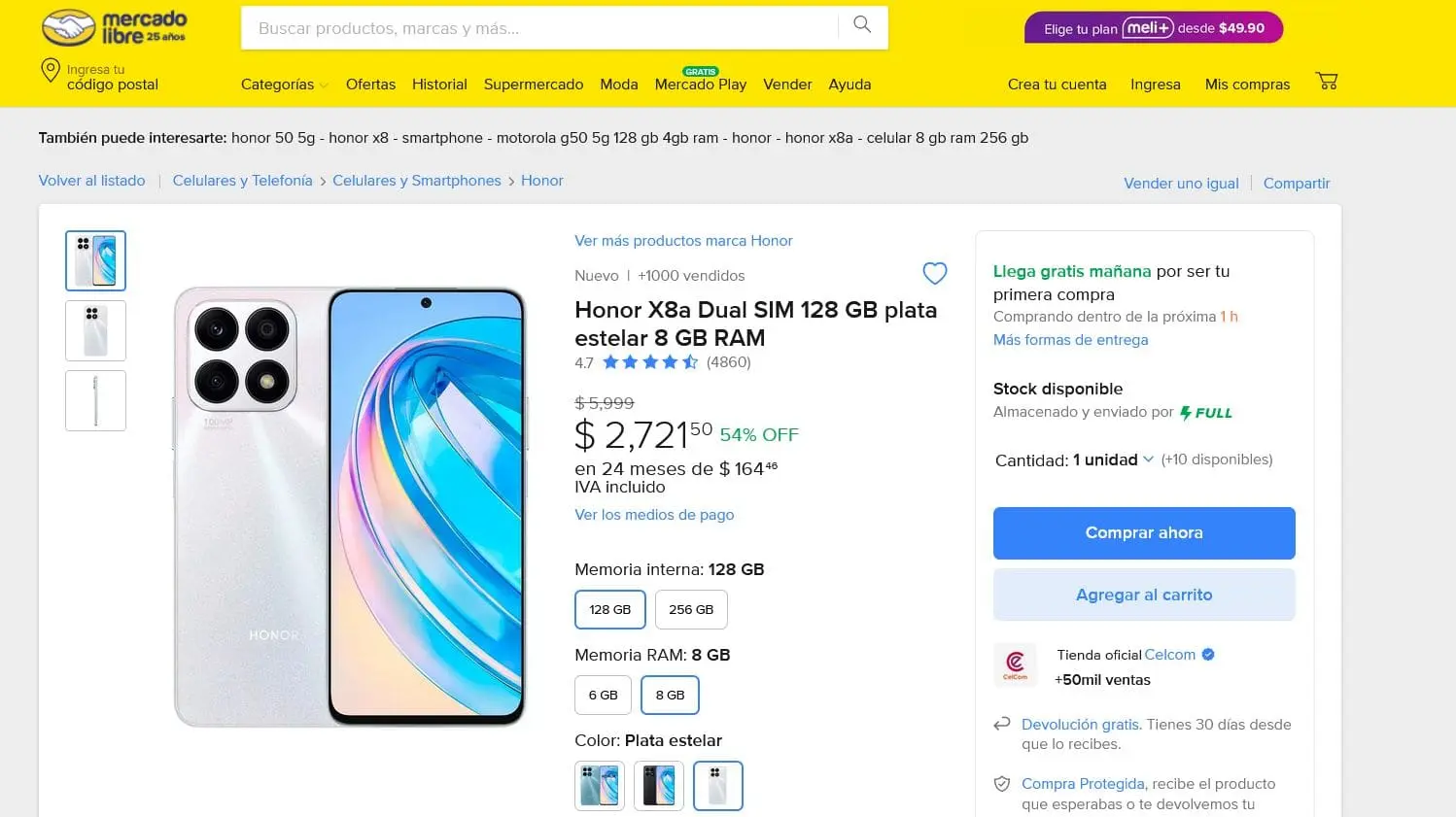 Oferta del Honor X8a en Mercado Libre