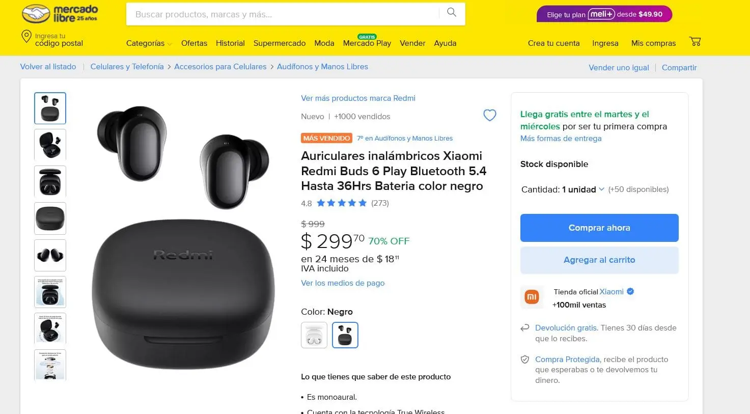 La rebaja de los auriculares Redmi Buds 6 Play en Mercado Libre