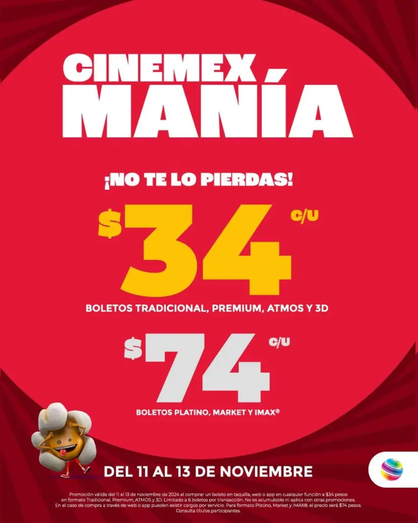 Cinemex pone los boletos a 34 pesos. Foto: Cortesía