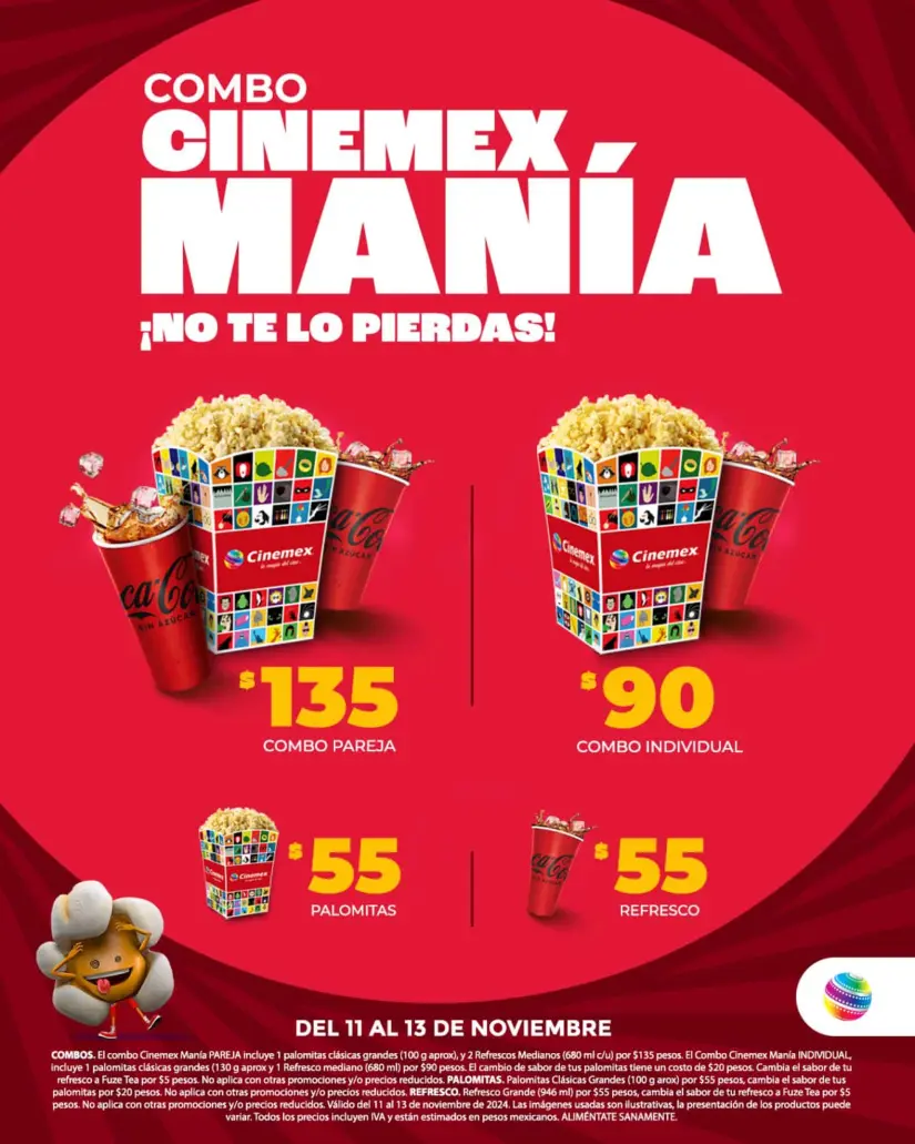 Descuentos en combos en Cinemex del 11 al 13 de noviembre.