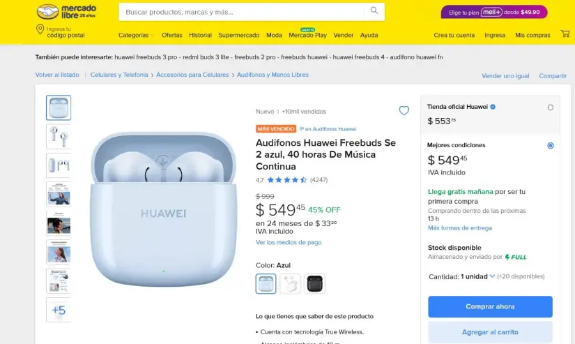 En oferta los auriculares Huawei Freebuds Se 2 en Mercado Libre