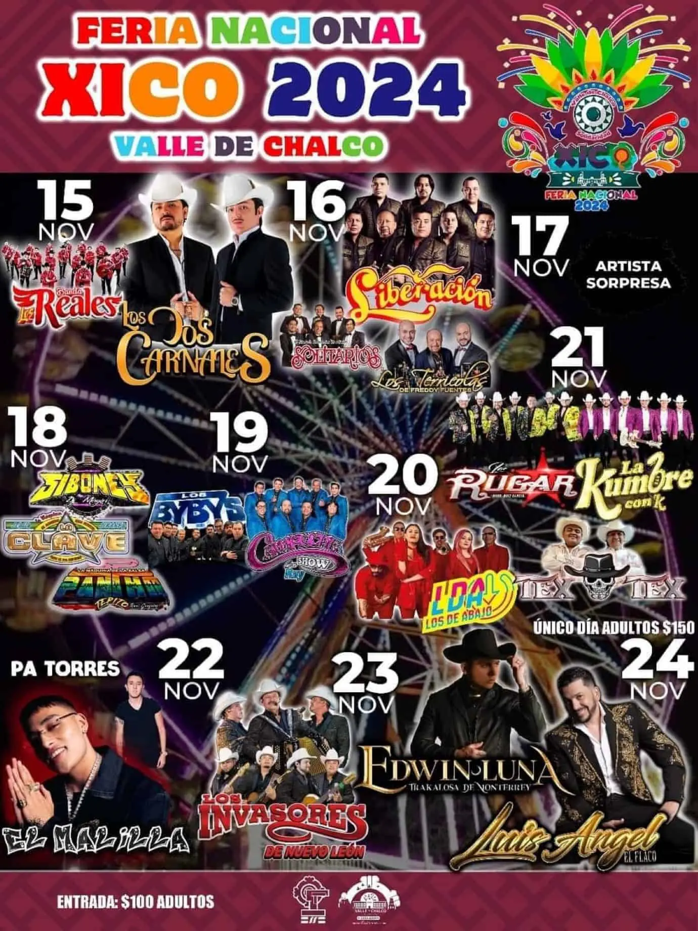 Artistas y fechas de los conciertos en la Feria Nacional Valle de Chalco Xico 2024.