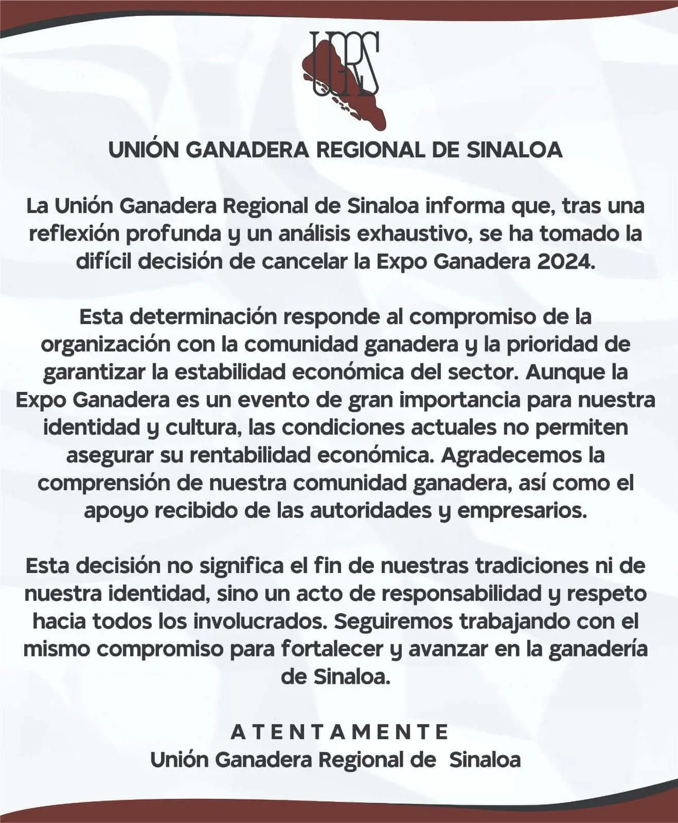 Comunicado sobre la cancelación de la Feria Ganadera Culiacán.