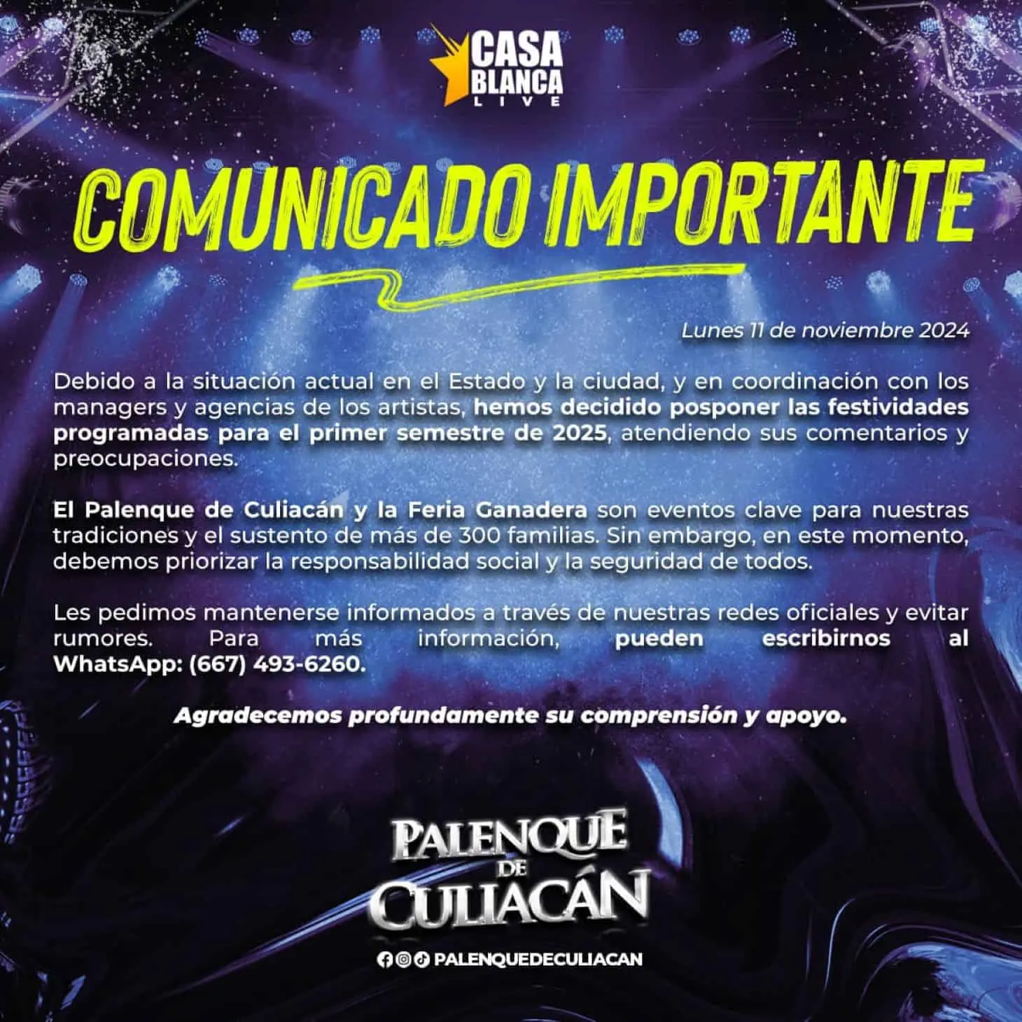 Comunicado por los organizadores del Palenque de Culiacán.