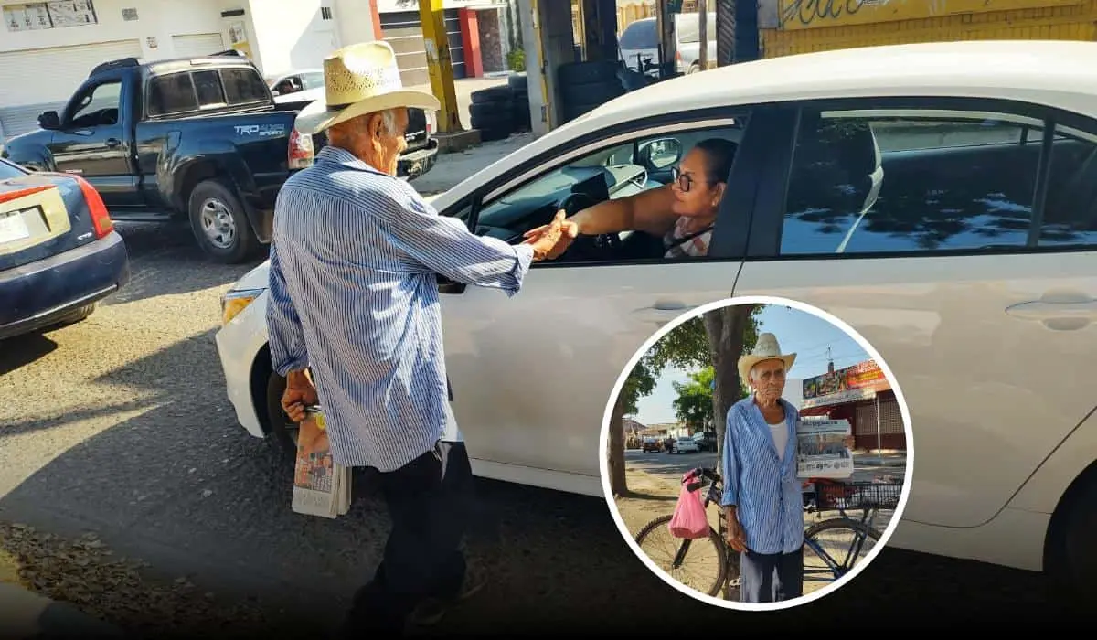 A sus 84 años, Don Simón se erige como un símbolo de perseverancia al vender periódicos en Culiacán. Su dedicación diaria inspira a quienes lo rodean a nunca rendirse ante las adversidades. Foto: Juan Madrigal