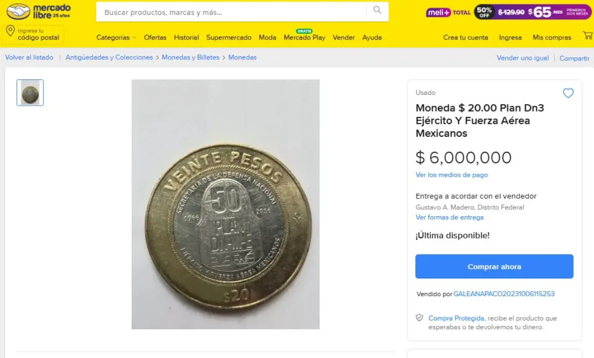 Moneda de 20 pesos se vende en 6 millones de pesos