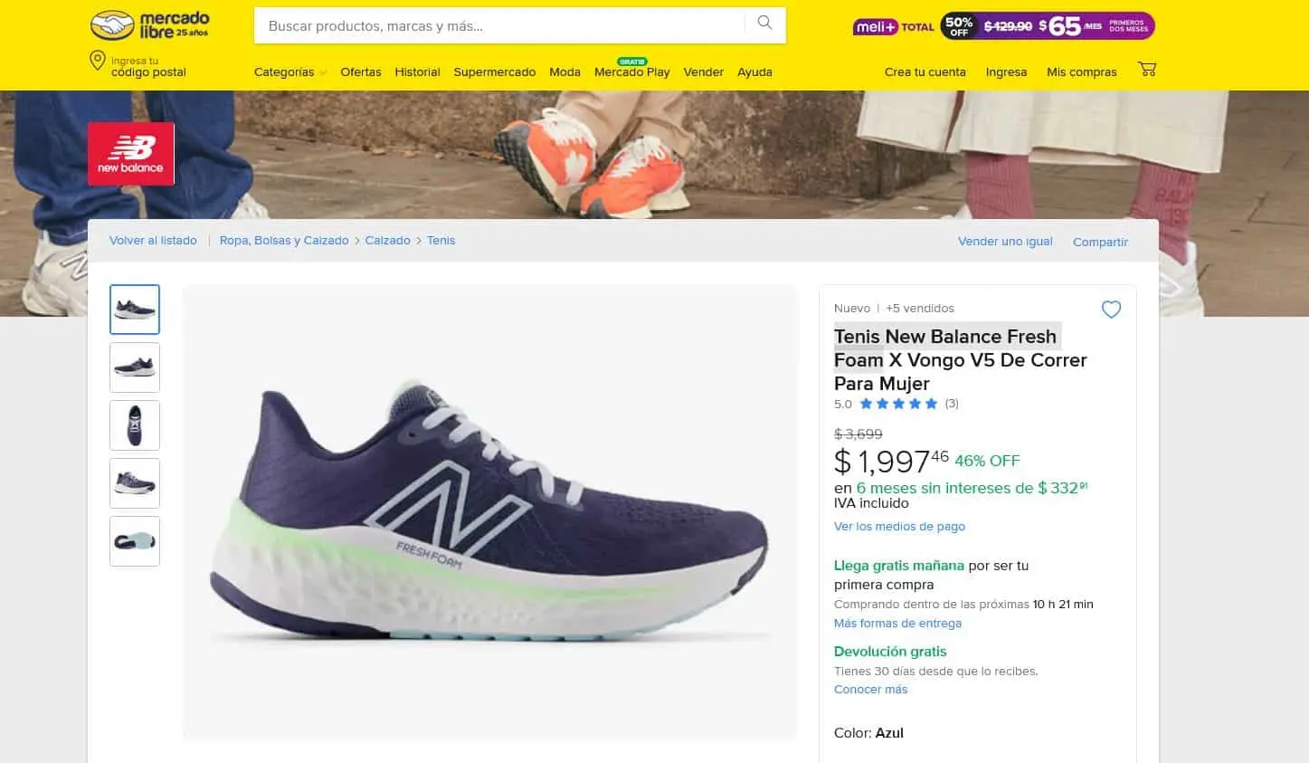 Ofertas en tenis New Balance en Mercado Libre por el Buen Fin. Foto: Captura de pantalla