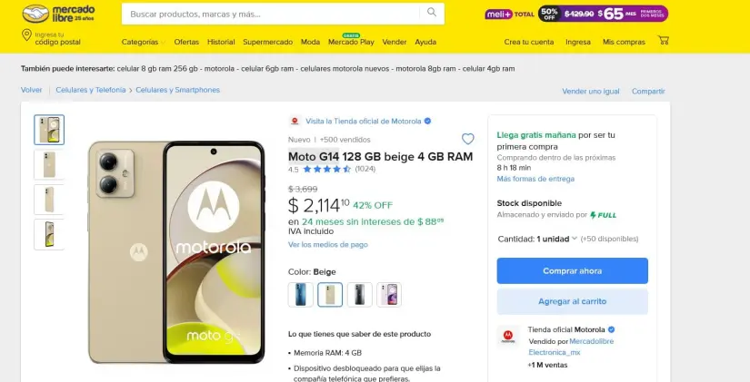 Uno de los celulares Motorola que está con precio de remate por el Buen Fin. Foto: Captura de pantalla