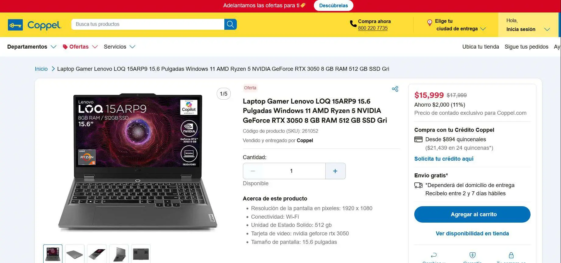 En oferta la laptop Gamer Lenovo LOQ en Coppel en línea. Foto: Captura de pantalla