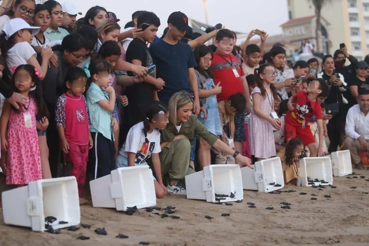 Niñas, niños y adultos participaron en la liberación de las tortugas.