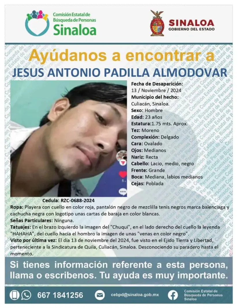 Solicitamos su valiosa ayuda y colaboración para localizar al Jesús Antonio Padilla