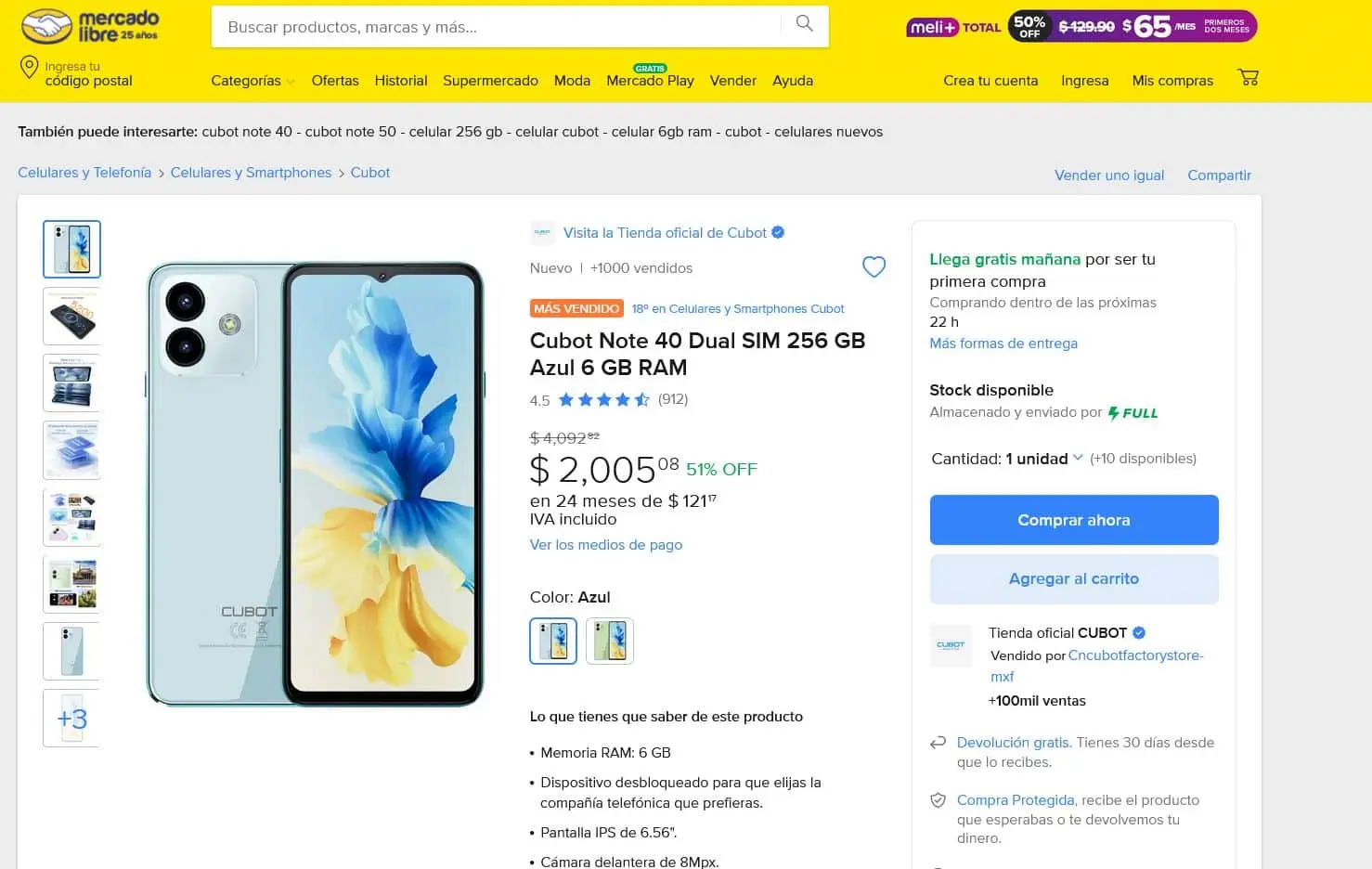 El Cubot Note 40 está en remate en Mercado Libre. Foto: Captura de pantalla