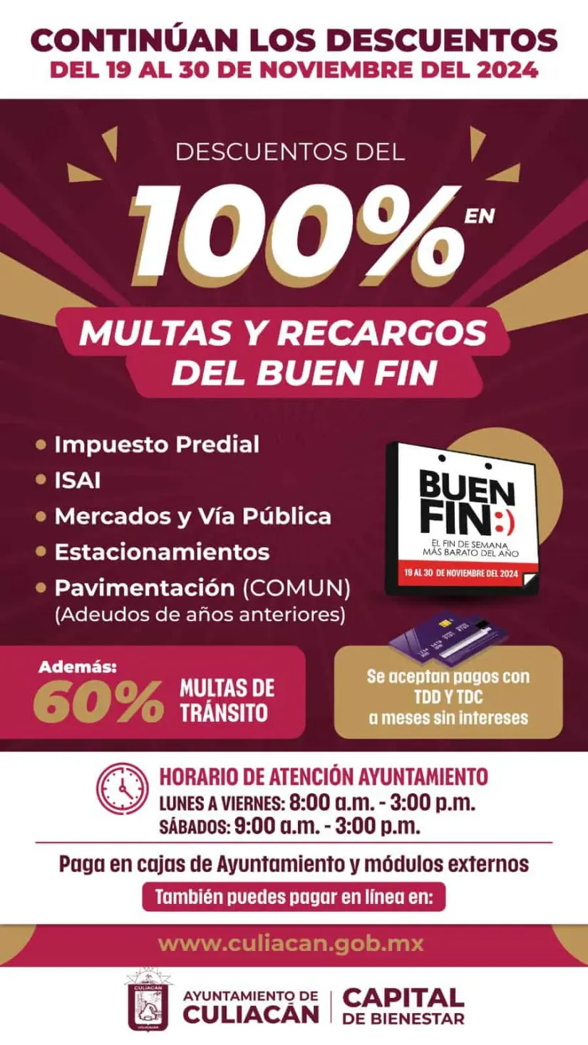 Aprovecha los descuentos que ofrece el Ayuntamiento de Culiacán.