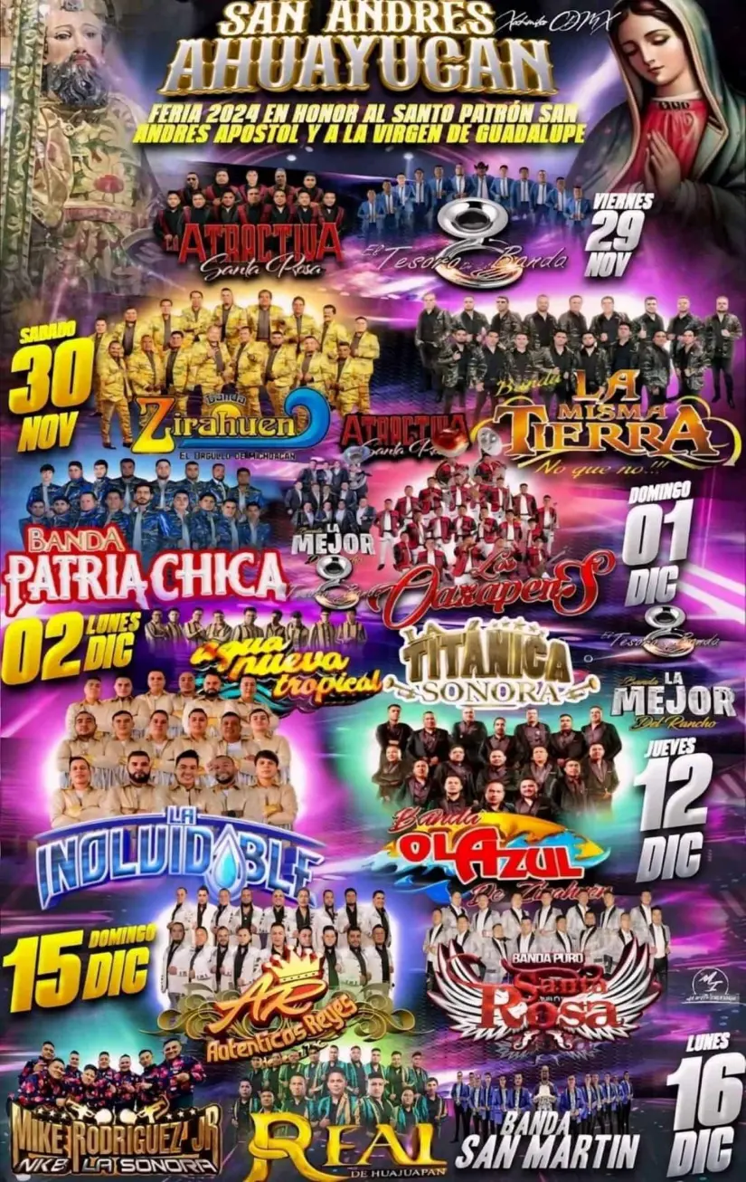 Artistas y fechas en la Feria San Andrés Ahuayucan 2024, en Xochimilco.