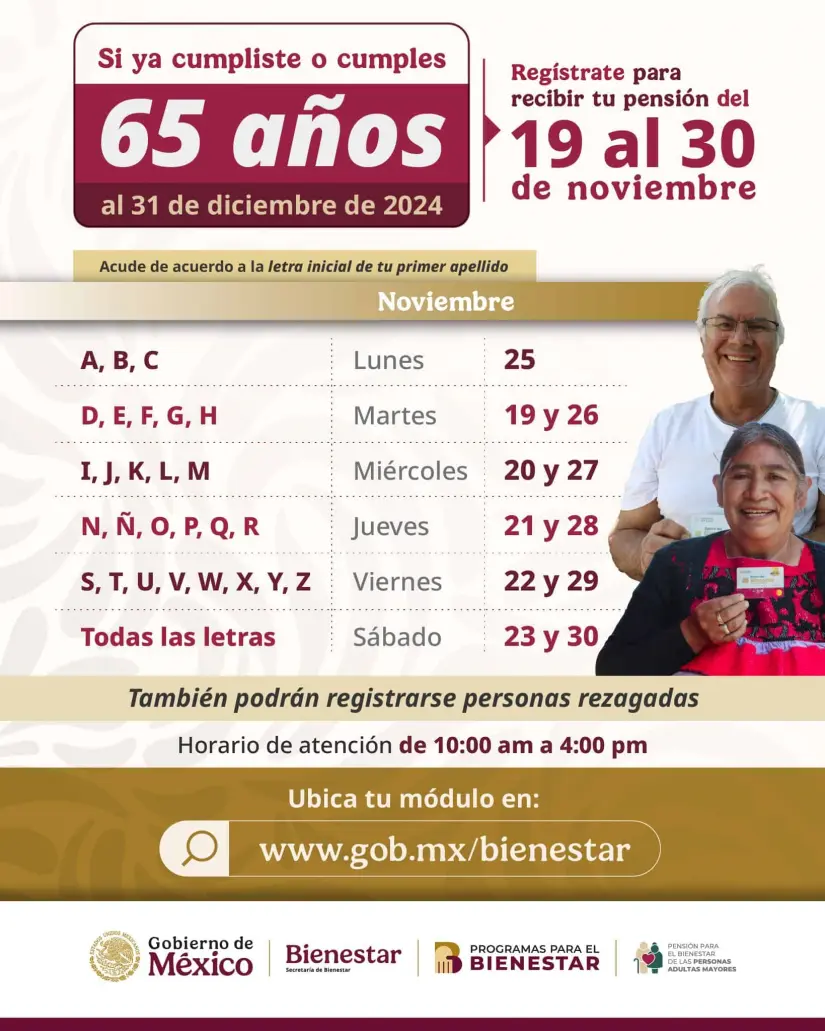 Calendario de registro para la Pensión del Bienestar. Foto: Cortesía