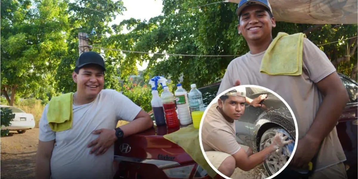 José Alexis y Erick Manuel, entusiastas jóvenes que limpian autos sin que sus dueños salgan de casa en Culiacán. Foto: Juan Madrigal