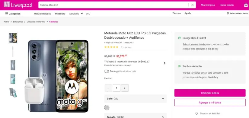 La oferta del Motorola Moto G62 en Liverpool y los auriculares. Foto: Captura de pantalla