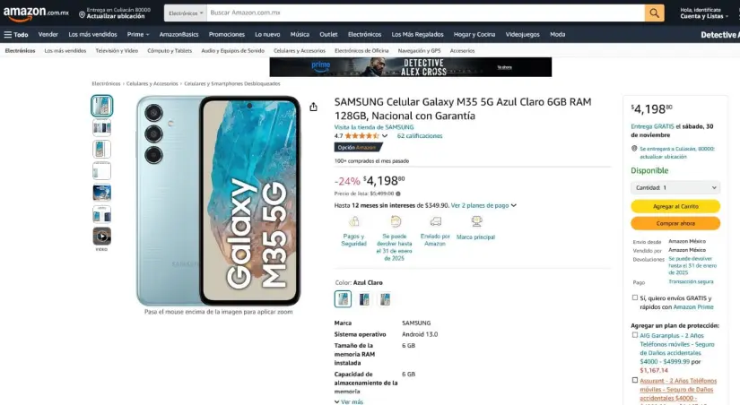 El Galaxy M35 5G está en oferta en Amazon. Foto: Captura de pantalla