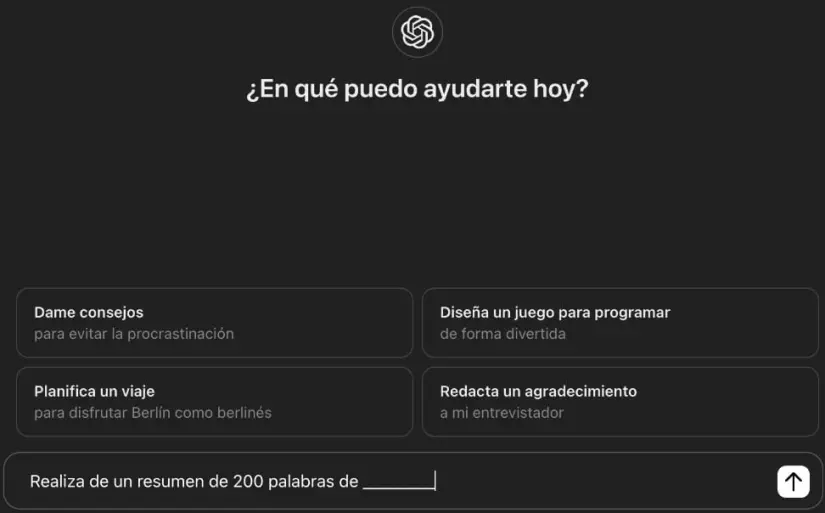 Ejemplo de instrucción de resumir en ChatGPT. 