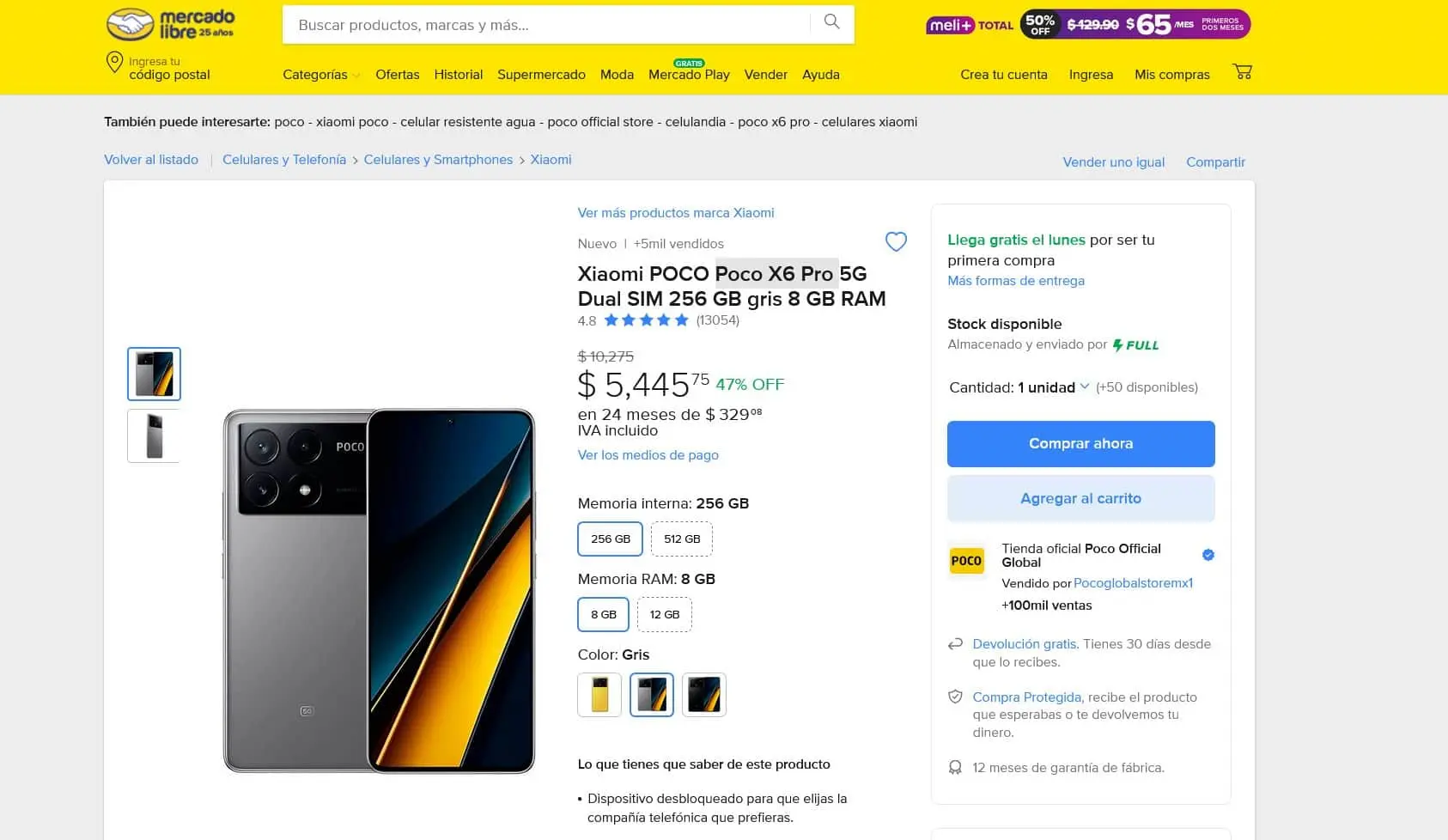 La oferta del Poco X6 Pro en Mercado Libre.