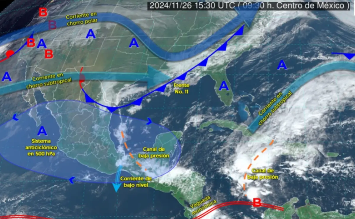 El frente frío 11 ingresará por el noroeste de México esta semana. Imagen: Conagua