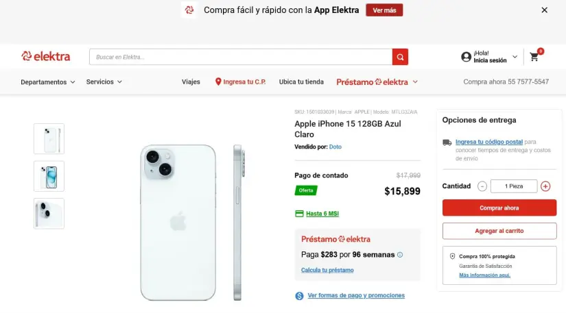 iPhone 15 en oferta por el Black Friday 2024 en Elektra. Foto: Captura de pantalla