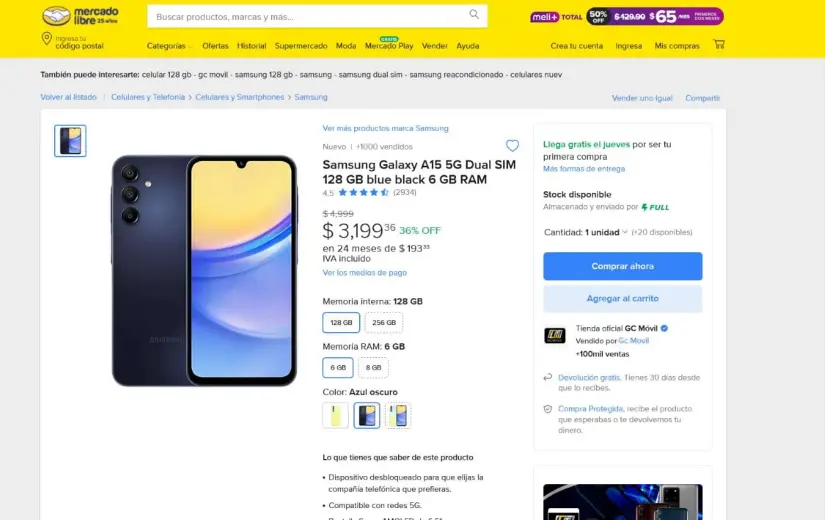 El Galaxy A15 se encuentra en oferta en Mercado Libre