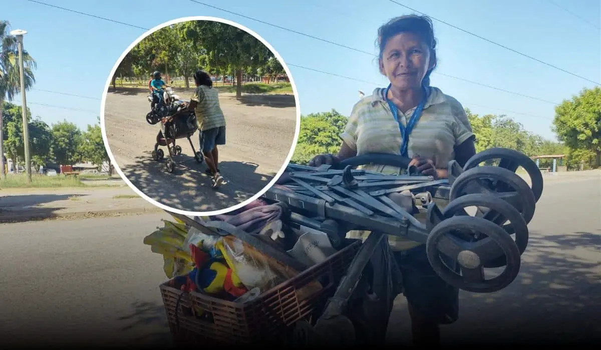 María Reyes, empujando una carriola, con esperanza y determinación, recorre las calles del sur de Culiacán en busca de material reciclable. Foto: Juan Madrigal