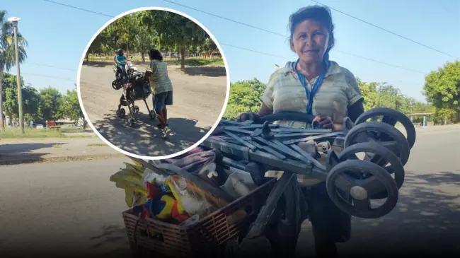 María Reyes, empujando una carriola, con esperanza y determinación, recorre las calles del sur de Culiacán en busca de material reciclable. Foto: Juan Madrigal