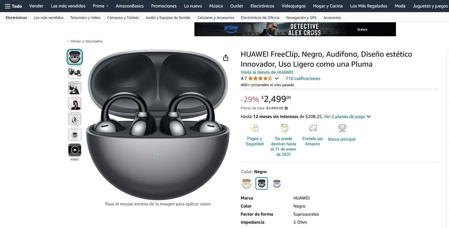 Oferta de los auriculares Huawei FreeClip en Amazon en Black Friday, Foto: Captura de pantalla