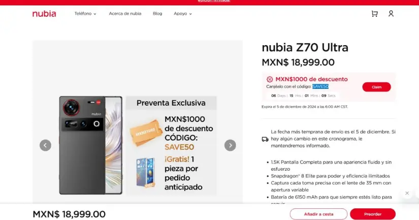 Precio del Nubia Z70 Ultra en México