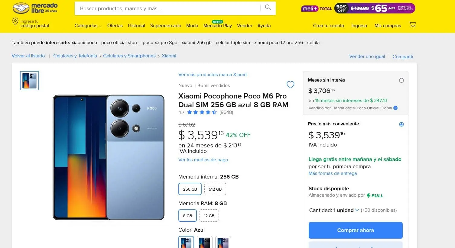 Oferta del Poco M6 Pro en Mercado Libre.