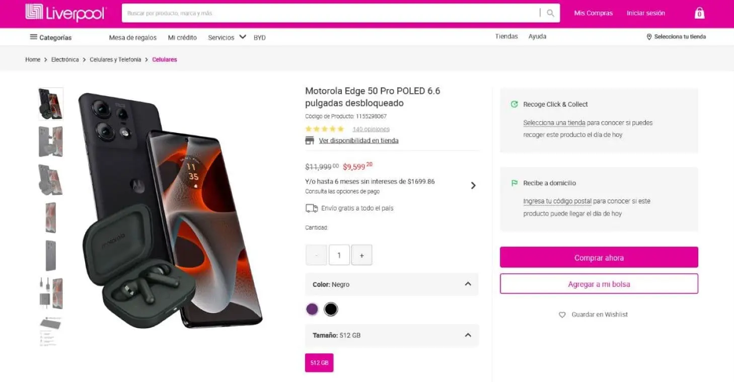 Celular Edge 50 Pro en rebaja en Liverpool. Foto: Captura de pantalla