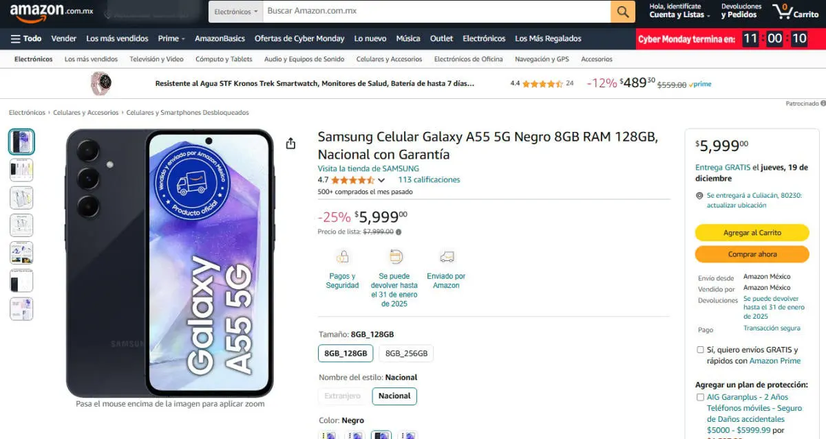 Cyber Monday 2024: Amazon remata el Samsung Galaxy A55 con 2 mil pesos de rebaja