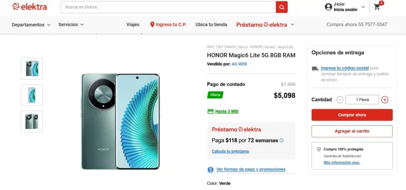 Honor Magic 6 Lite en oferta navideña en Elektra. 