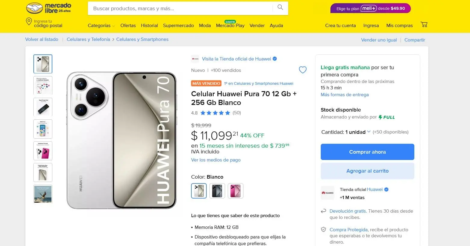 El precio del Huawei Pura 70 en Mercado Libre